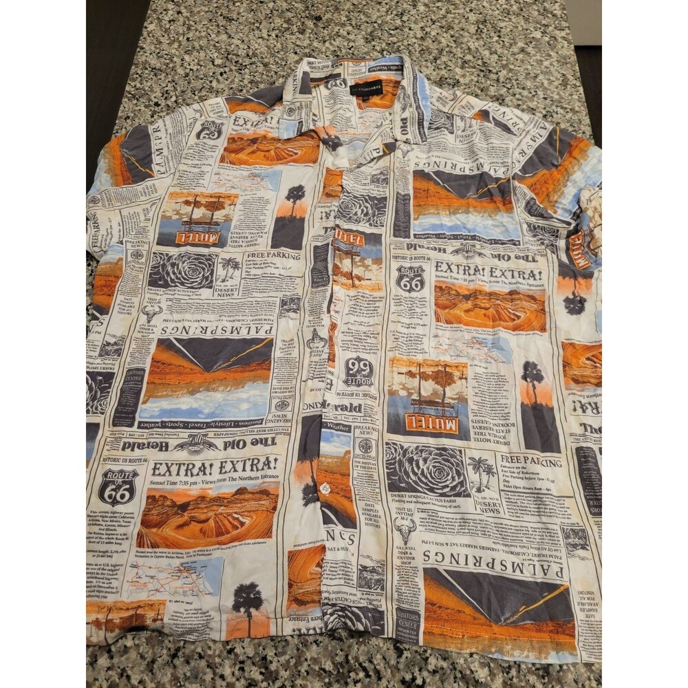 No Boundaries‎ Shirt Mens 3XL Rayon Short Sleeve Newspaper Print Camp White